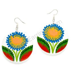 Floral Blue Daisy, Circle Wooden Earrings
