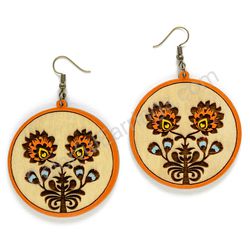 Folk Flower Natural - Orange, Circle Wooden Earrings