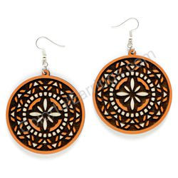 Mandala Orange - White, Circle Wooden Earrings