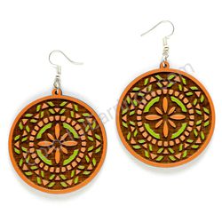 Mandala Orange - Green, Circle Wooden Earrings