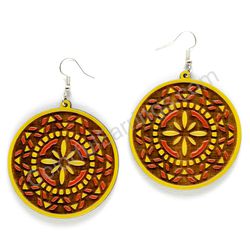 Mandala Yellow - Red, Circle Wooden Earrings