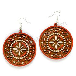 Mandala Red - White, Circle Wooden Earrings