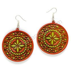 Mandala Red - Green, Circle Wooden Earrings