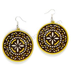 Mandala Yellow - White, Circle Wooden Earrings
