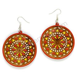 Mandala Red - White - Yellow, Circle Wooden Earrings