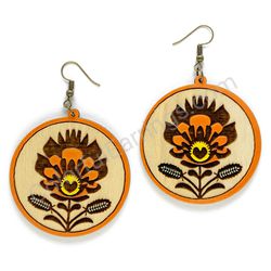 Folk Flower Natural - Orange Style II, Circle Wooden Earrings