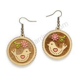 Folk Bird With Heart and Flower Natural - Pink With Fringe, Medium Size, Circle Wooden Earrings
