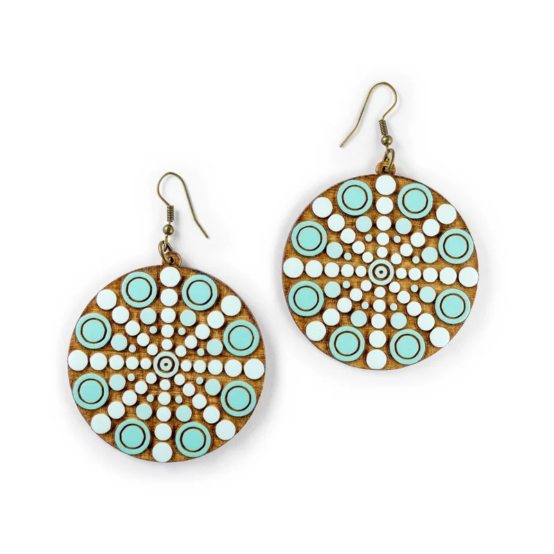 Wooden Drop Geometric Earrings - Geometric Spin 3 (circular), Turquoise
