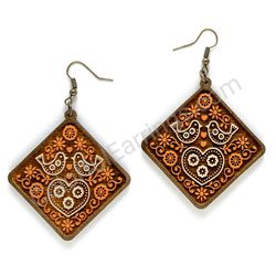 Folk Birds In Love Orange -  White, Square Wooden Earrings