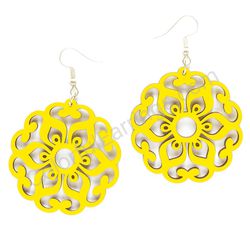 Flower Bloom Yellow, Lace Wooden Earrings