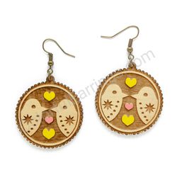 Folk Birds in Love Natural - Yellow, Medium Size, Circle Wooden Earrings