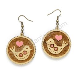 Folk Bird With Gears and Heart Natural - Pink With Fringe, Medium Size, Circle Wooden Earrings