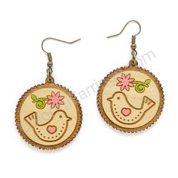 Folk Bird With Heart and Flower Natural - Pink, Medium Size, Circle Wooden Earrings