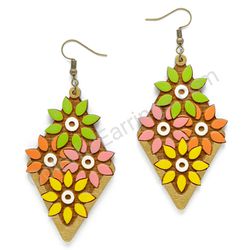 Field Flowers Blooming, Diamond Drop Wooden Earrings