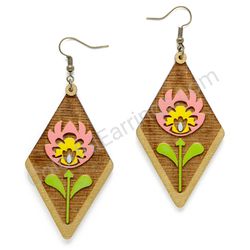 Folk Flower Pink - Yellow, Diamond Drop Wooden Earrings