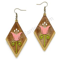 Folk Tulip Pink, Diamond Drop Wooden Earrings