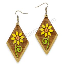 Folk Field Flower Yellow Style III, Diamond Drop Wooden Earrings