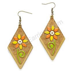 Folk Field Flower Yellow - Orange Style III, Diamond Drop Wooden Earrings