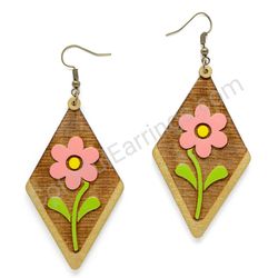 Folk Field Flower Pink Style II, Diamond Drop Wooden Earrings