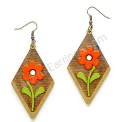 Folk Field Flower Red Style II, Diamond Drop Wooden Earrings