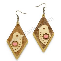 Folk Half Bird with Heart Natural - Pink, Diamond Drop Wooden Earrings