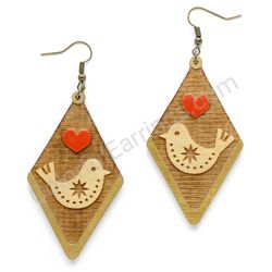 Folk Bird with Star Natural - Red, Diamond Drop Wooden Earrings