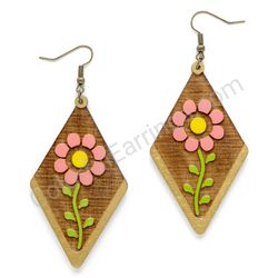 Folk Field Flower Pink, Diamond Drop Wooden Earrings