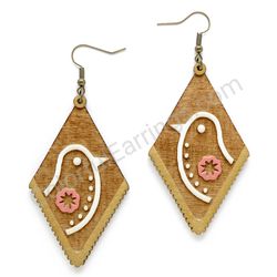 Folk Half Bird with Gear Natural - White - Pink, Diamond Drop Wooden Earrings