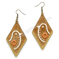 Folk Half Bird with Gear Natural - White - Orange, Diamond Drop Wooden Earrings