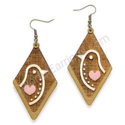 Folk Half Bird with Heart Natural - White, Diamond Drop Wooden Earrings