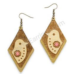 Folk Half Bird with Gear Natural - Pink, Diamond Drop Wooden Earrings