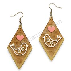 Folk Bird with Gears Natural - White, Diamond Drop Wooden Earrings