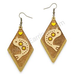 Folk Bird with Gears and Heart Natural - Yellow, Diamond Drop Wooden Earrings