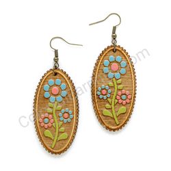 Folk Field Flower Blue - Pink, Oval Wooden Earrings