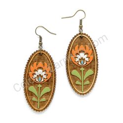 Folk Flower Orange - White, Oval Wooden Earrings