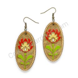 Folk Flower Red - Yellow, Oval Wooden Earrings