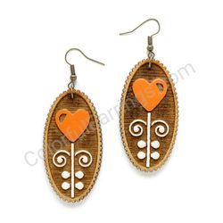 Folk Heart Orange - White, Oval Wooden Earrings