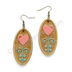 Folk Heart Pink - Blue, Oval Wooden Earrings