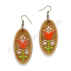 Folk Tulip Red - White, Oval Wooden Earrings