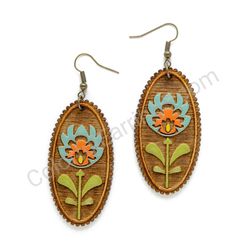 Folk Flower Blue - Orange, Oval Wooden Earrings