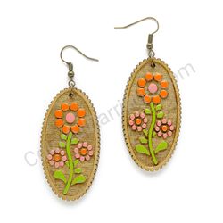 Folk Field Flower Orange - Pink, Oval Wooden Earrings