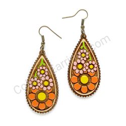 Flower Orange - Pink, Teardrop Wooden Earrings