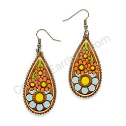 Flower Blue - Orange, Teardrop Wooden Earrings