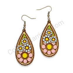 Flower Pink - Blue, Teardrop Wooden Earrings