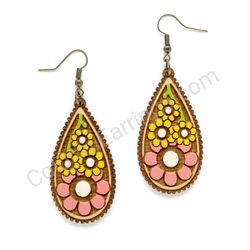 Flower Pink - Yellow, Teardrop Wooden Earrings