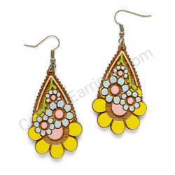 Flower Out Yellow - Blue, Teardrop Wooden Earrings