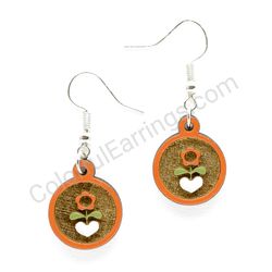 Folk Flower From Heart Orange Style II, Small Size, Cricle Wooden Earrings