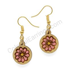 Flower Bloom Red, Small Size, Circle Wooden Earrings