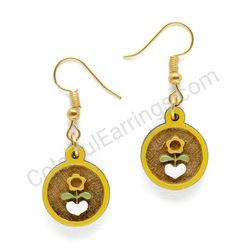 Folk Flower From Heart Yellow, Small Size, Circle Wooden Earrings