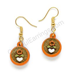 Folk Flower From Heart Orange, Small Size, Circle Wooden Earrings